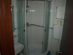 Ducha con paredes de cristal, lavabo blanco y retrete.