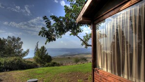 A view from a window overlooking a grassy landscape with trees and a distant view of the sea.