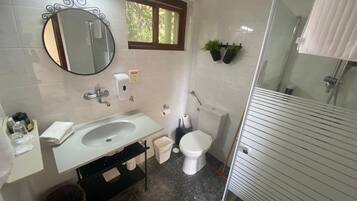 Un baño con lavamanos, espejo, inodoro y ducha.