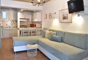 Suite, 1 habitación | Área de sala de estar | Televisión de pantalla plana, reproductor de DVD y tenis de mesa 