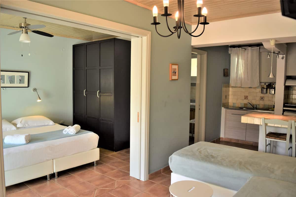 A bedroom with a bed, a ceiling fan, and a nightstand. There is a dark-colored wardrobe and a kitchen area visible through an open doorway.