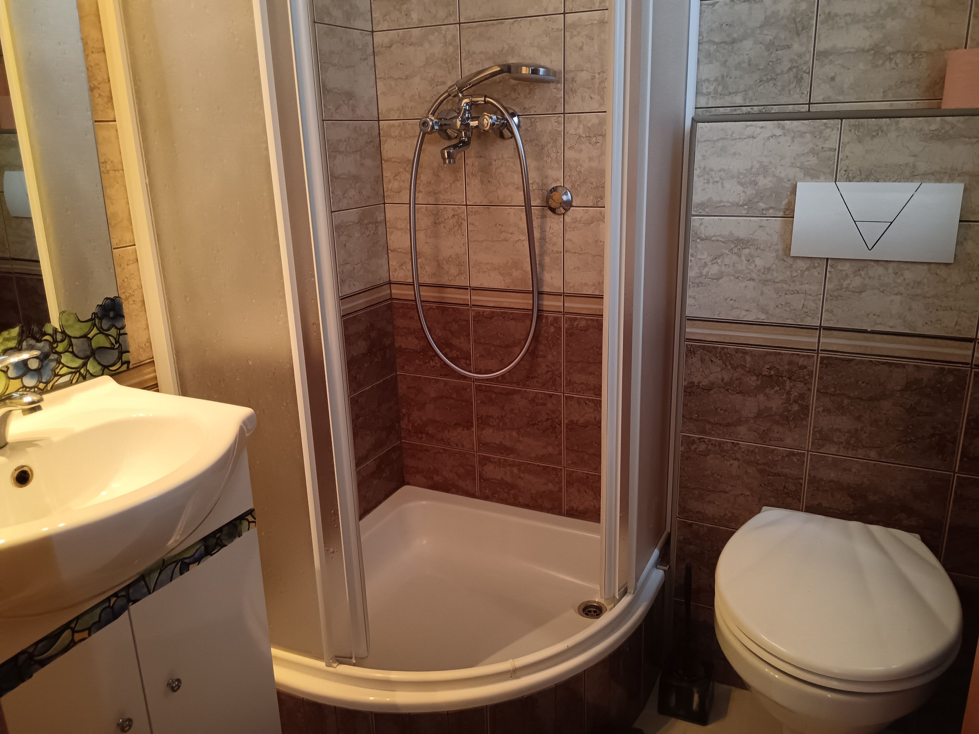 Ein Badezimmer mit Duschkabine, Waschbecken und Toilette.