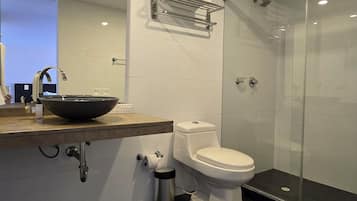 Douche, douche à « effet pluie », sèche-cheveux, bidet