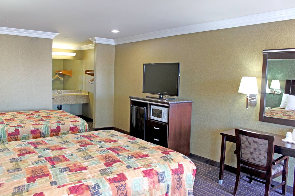 Une chambre d’hôtel avec deux lits, une télévision, un bureau avec une chaise et un miroir au mur.