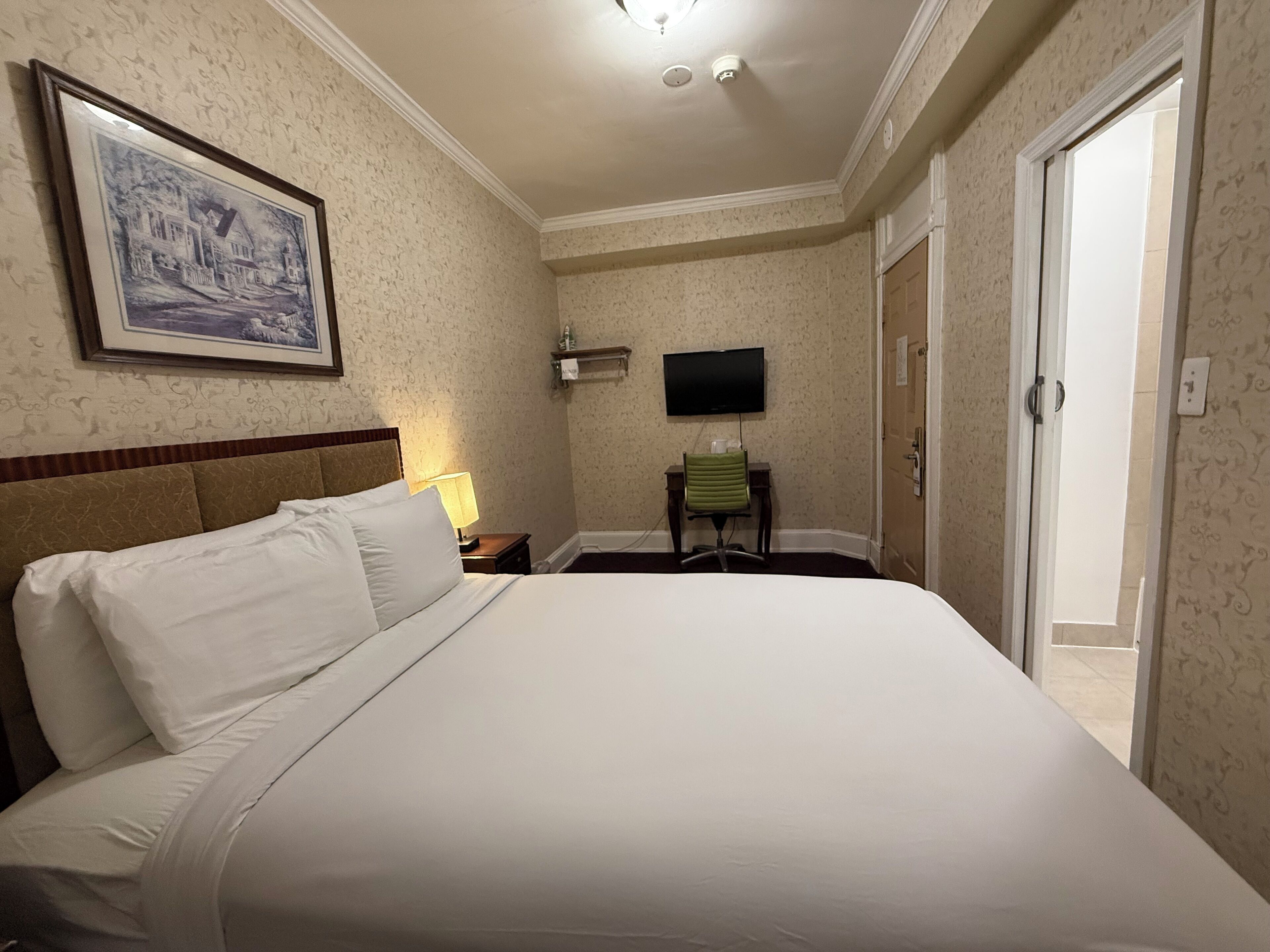 Een hotelkamer met een groot bed, een televisie, een bureau met stoel, en een schilderij aan de muur.