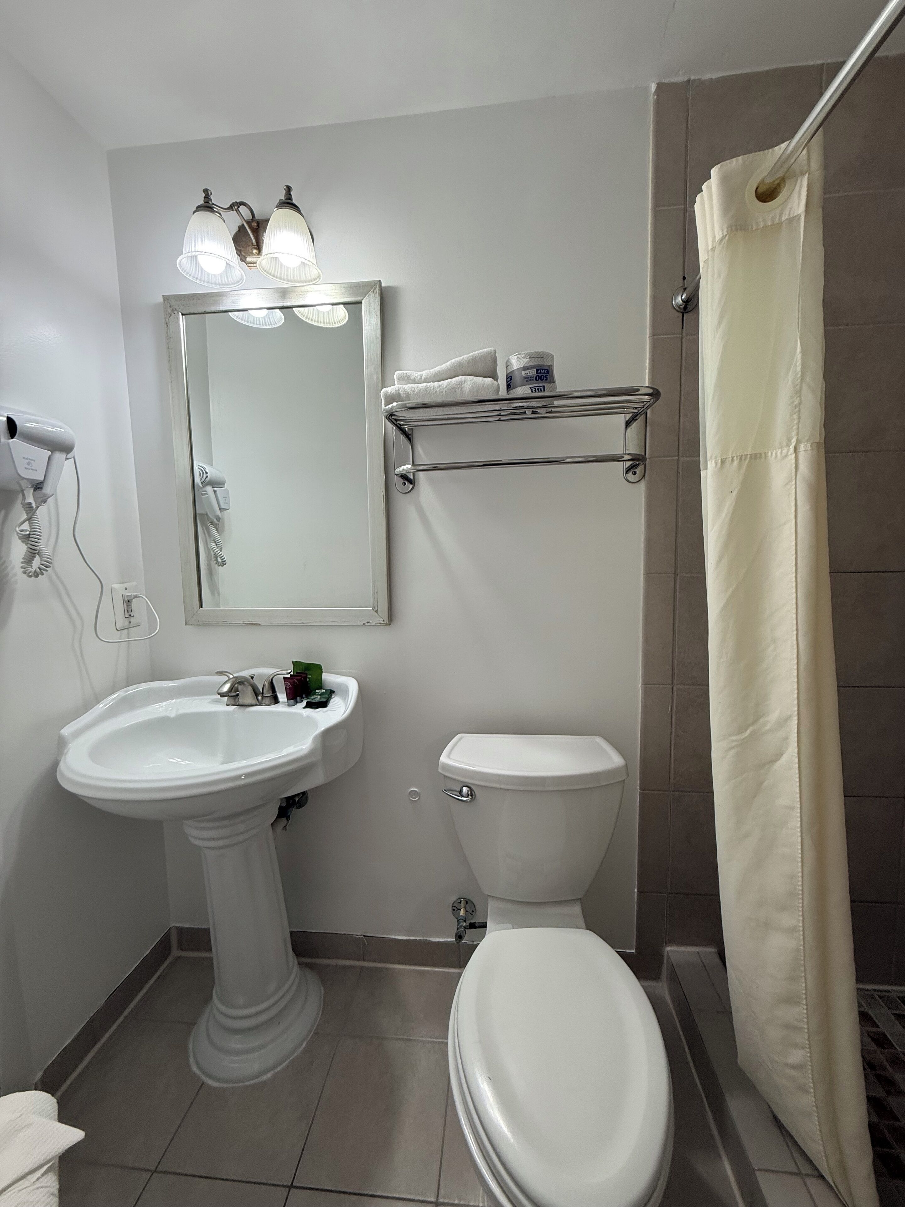 Ein Badezimmer mit einem Standwaschbecken, einer Toilette, einer Duschvorhang und einem Handtuchhalter.