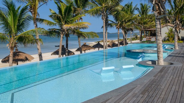 A pool with clear blue water, surrounded by palm trees and a wooden deck.
