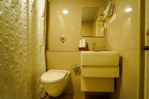 Rainfall showerhead, bathrobes, slippers, towels