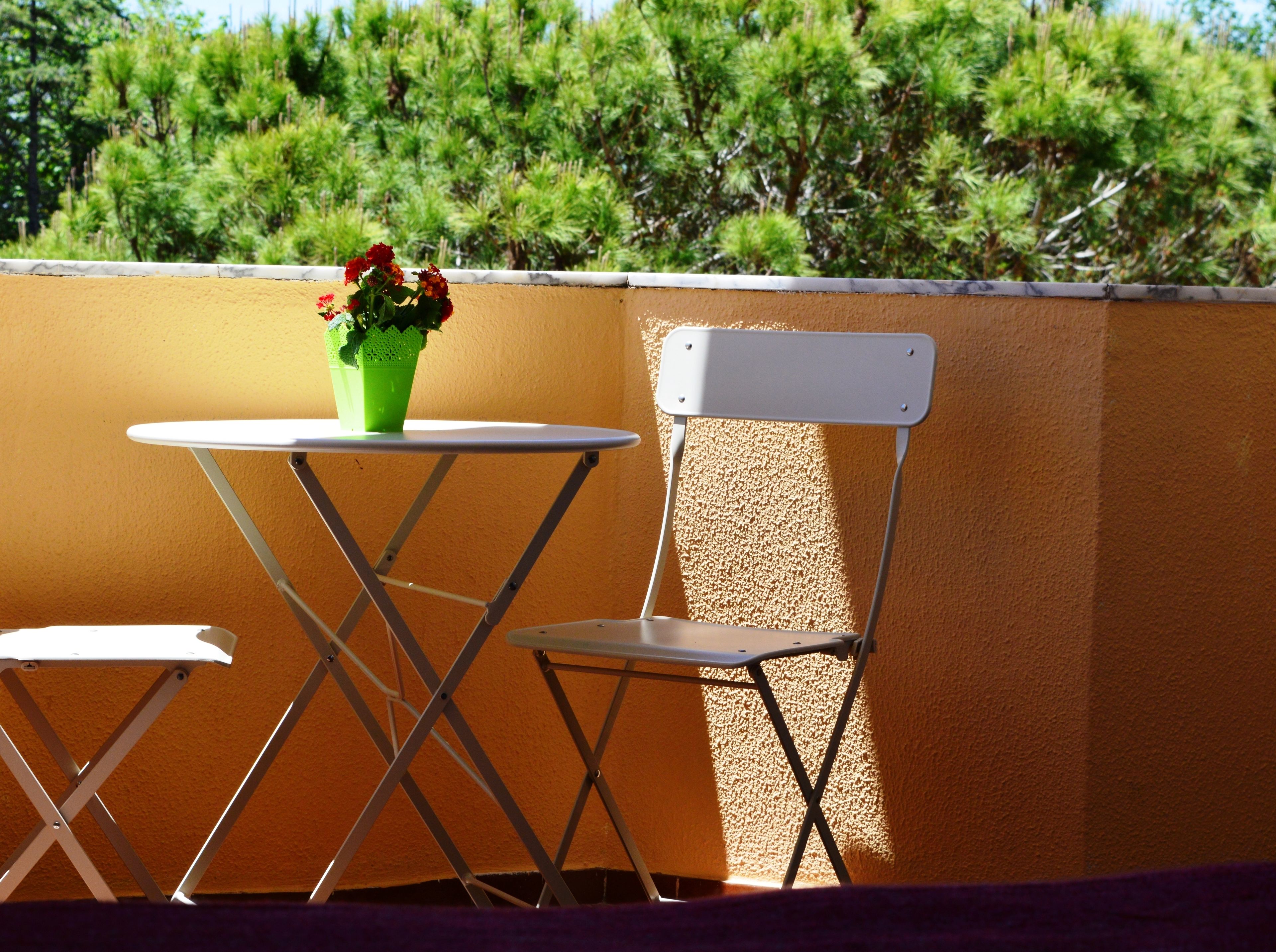 A small outdoor seating area with a table and two chairs, a green potted plant, and a view of trees in the background.