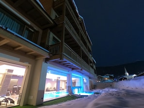 Indoor pool, outdoor pool, pool loungers