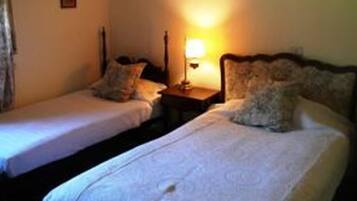 A room with two single beds, each with a pillow and a bedside table with a lamp.