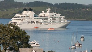 Un gran crucero amarrado en un puerto con varias embarcaciones más pequeñas cerca.