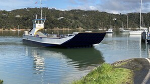 Un ferry atracado en un puerto con vistas a una colina con casas al fondo.