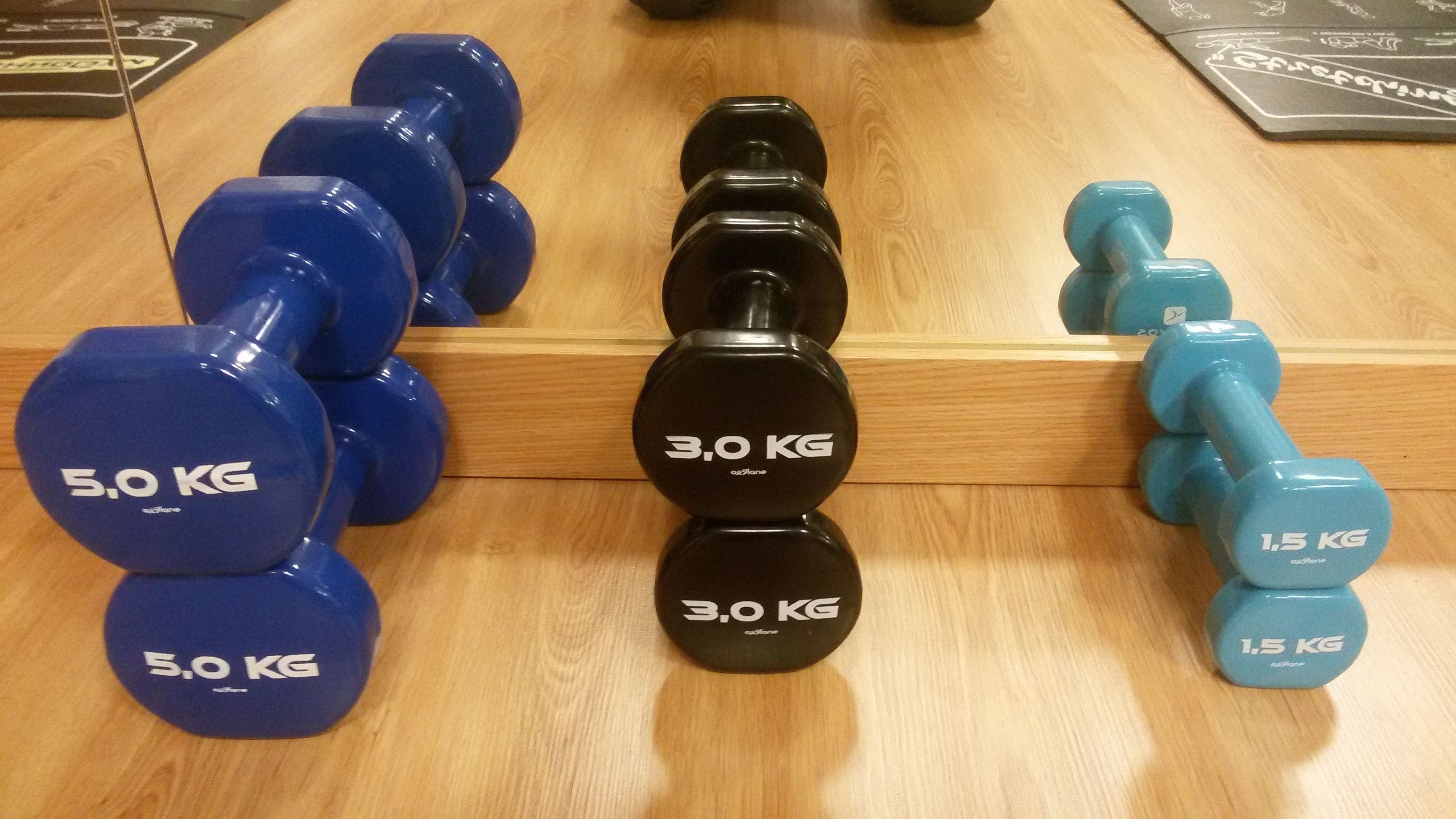 Un estante con mancuernas de entre 1.5 y 5.0 kg.