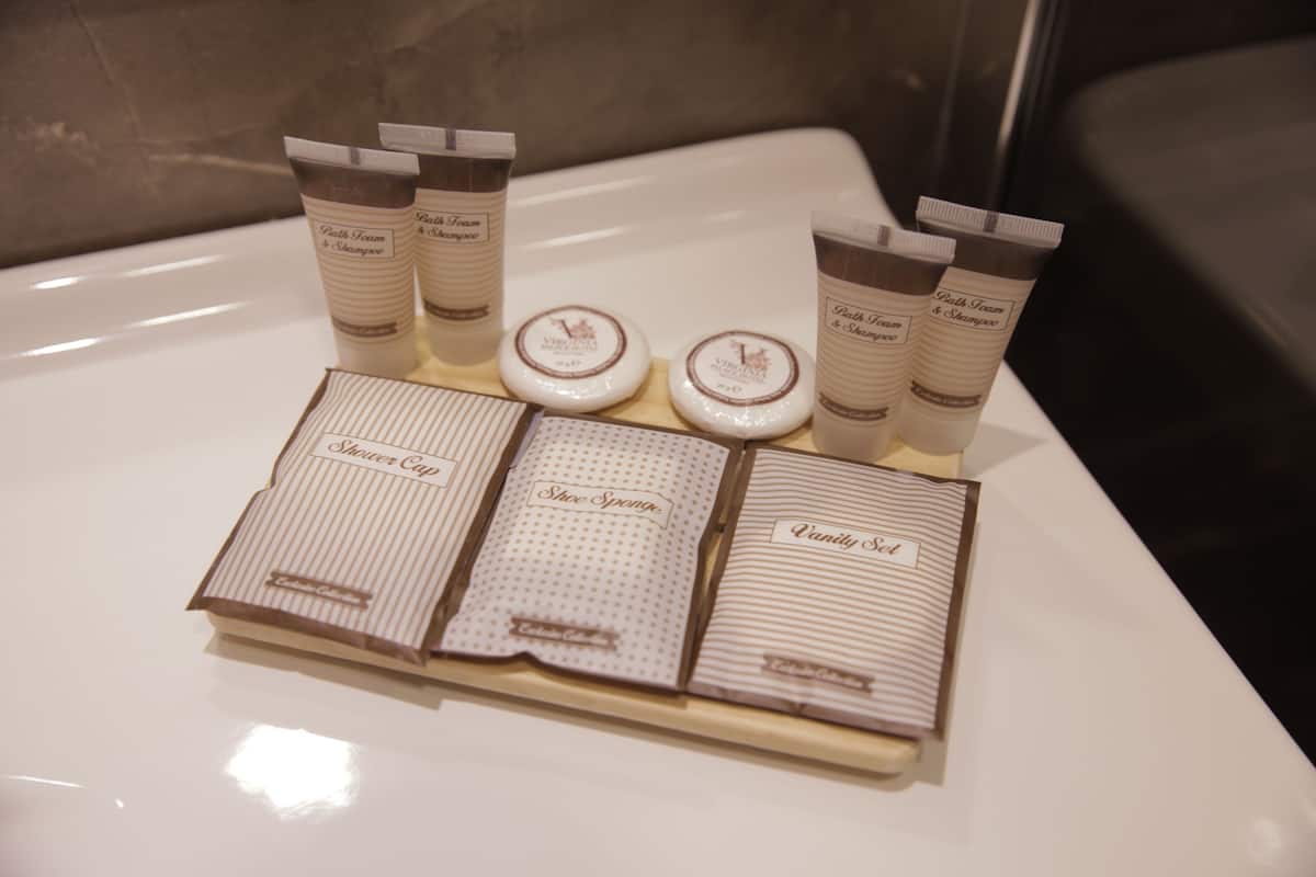 rainfall showerhead, hair dryer, bathrobes, slippers