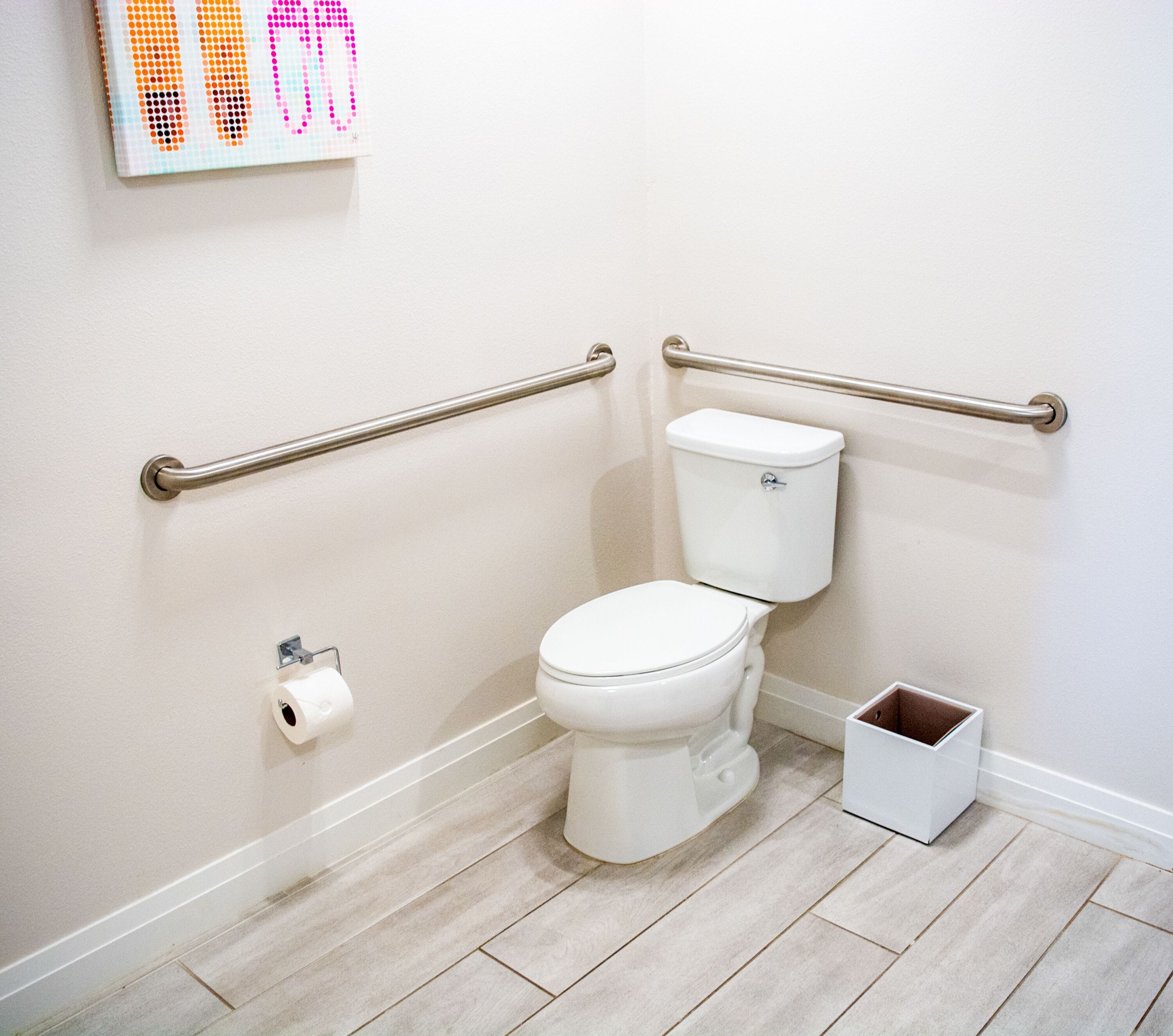 A modern bathroom with a white toilet, grab bars, a toilet paper holder, and a small trash bin.