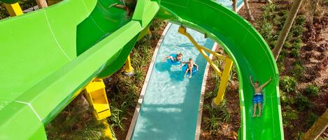 A water park with a green water slide and a pool area surrounded by palm trees.
