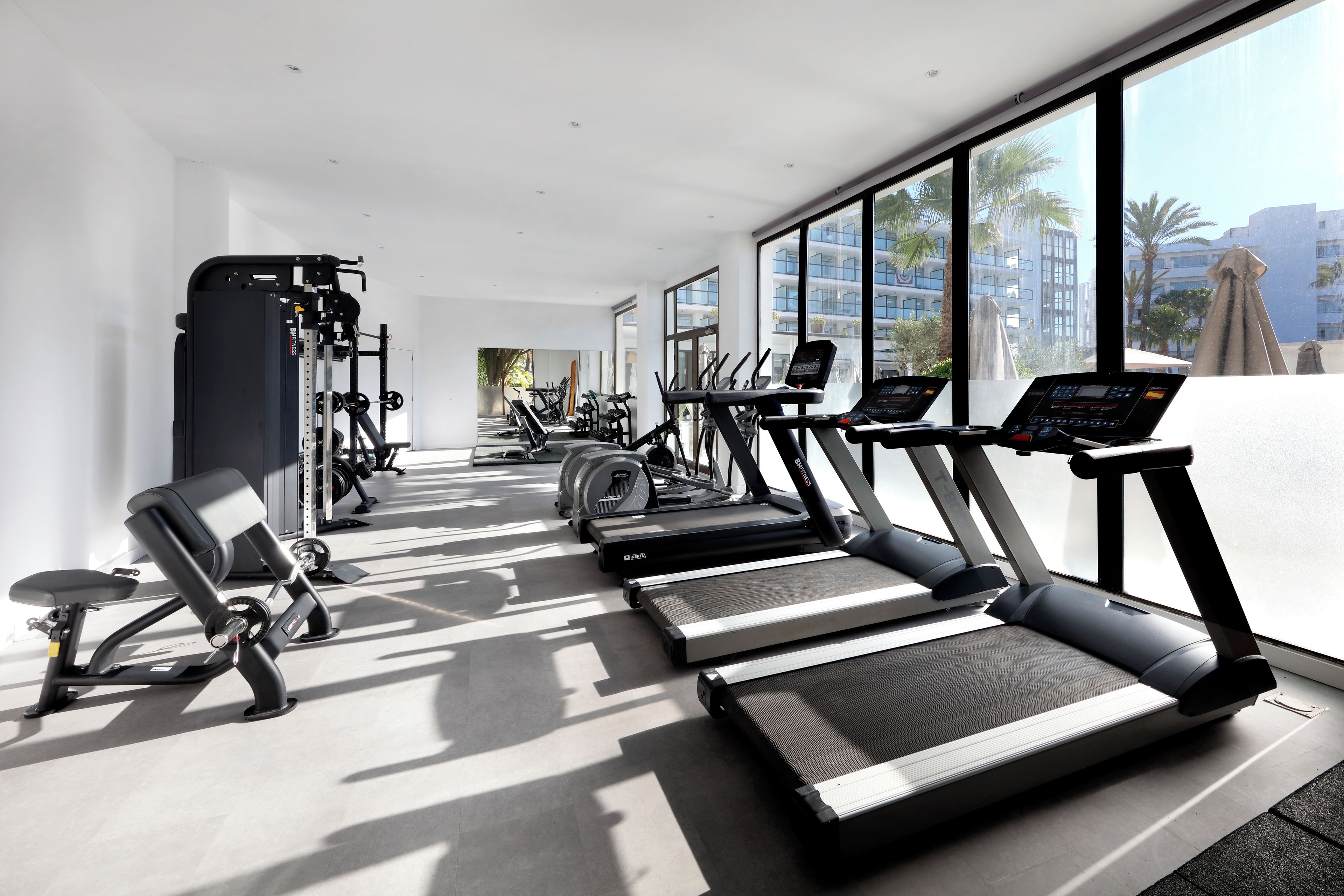 Un gimnasio con cintas de correr, máquinas de pesas y un amplio ventanal que ofrece vistas a palmeras y edificios.