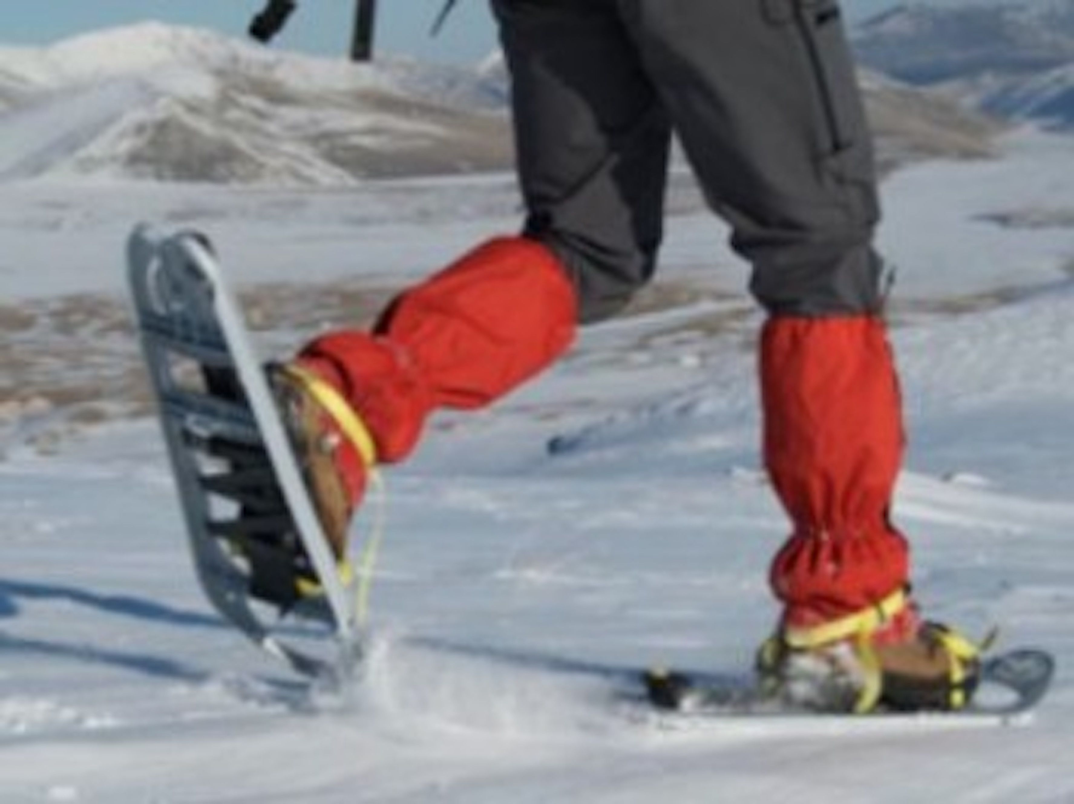 A person snowboarding in a snowy landscape with mountains in the background.
