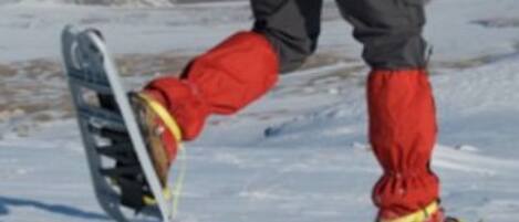 A person snowboarding in a snowy landscape with mountains in the background.