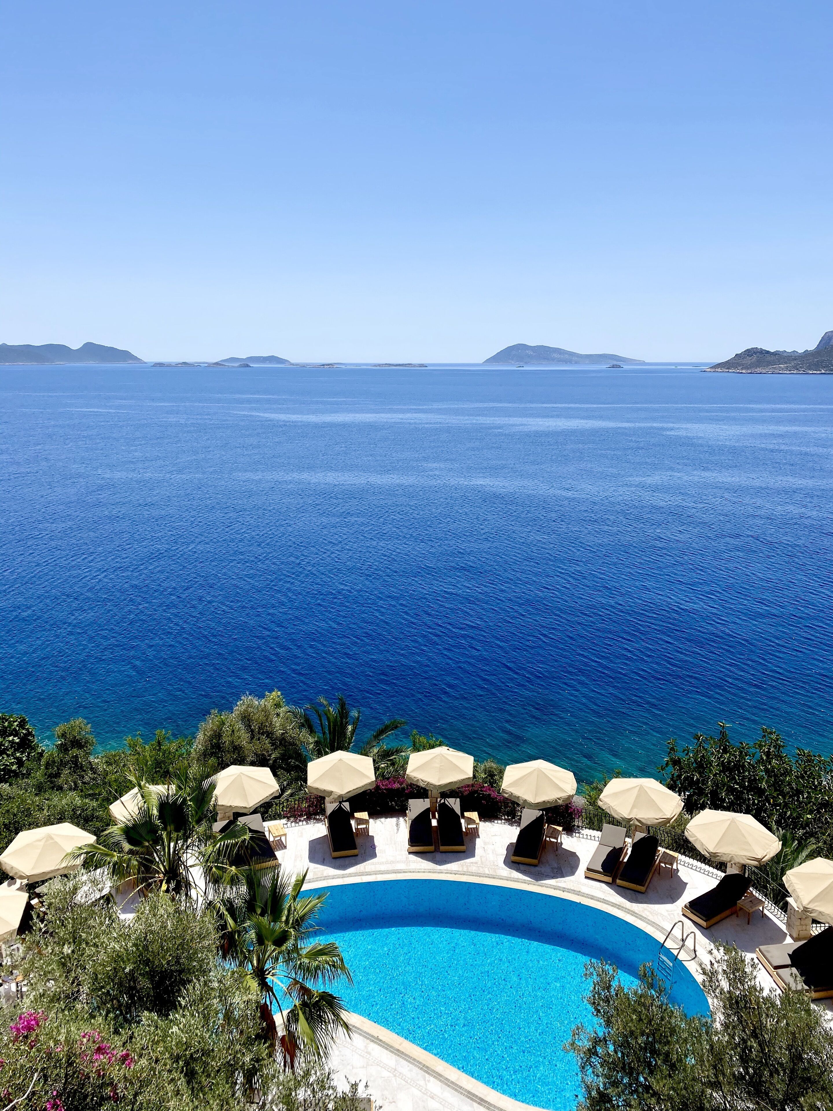 outdoor pool, pool umbrellas, pool loungers