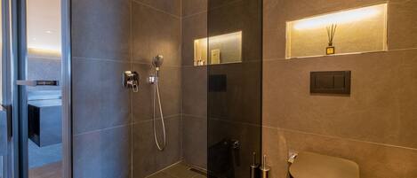 A modern bathroom with a glass shower enclosure, a toilet, and a sink.
