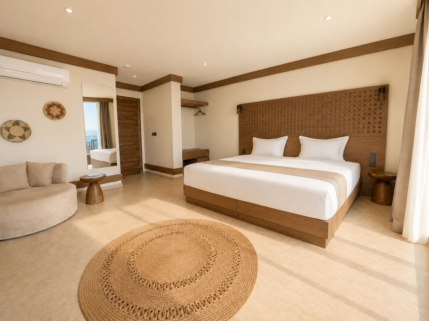 Een moderne hotelkamer met een groot bed, een bank, een rond geweven vloerkleed en een houten hoofdbord.