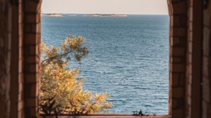 Vista a través de una ventana arqueada sobre un cuerpo de agua, con una barandilla en primer plano.