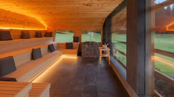 Outdoor treatment area, sauna, hot tub, steam room, body treatments