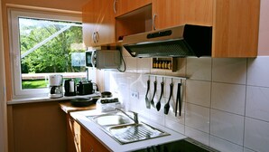 Cocina con alacenas de madera, un lavamanos de acero inoxidable y una ventana con vistas a la vegetación.