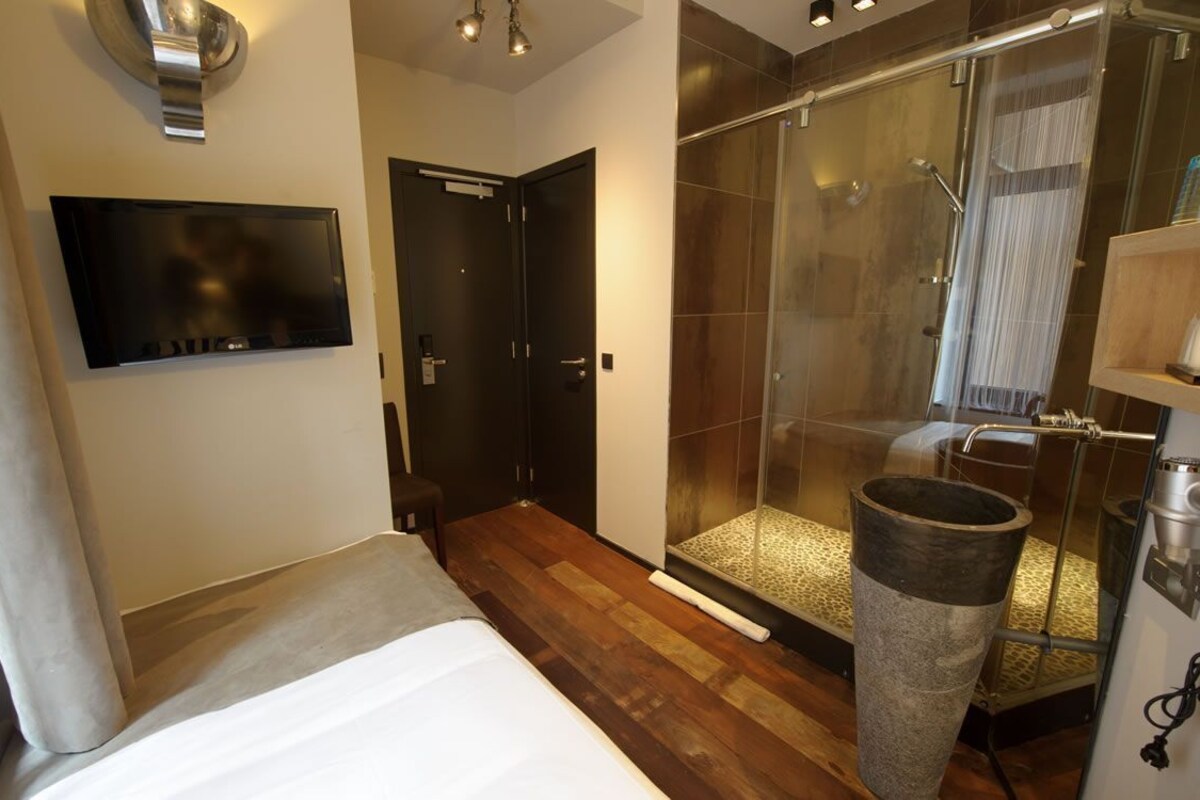 Een moderne hotelkamer met een bed, een televisie, een douche en een grote afvalbak.