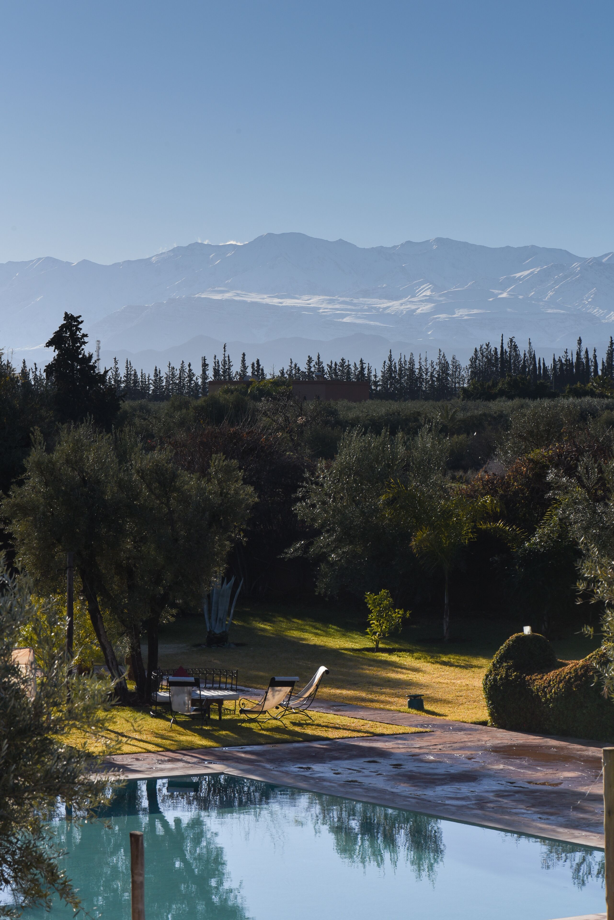 A pool with a view of mountains, a lawn with a table and chairs, and a well-maintained garden.