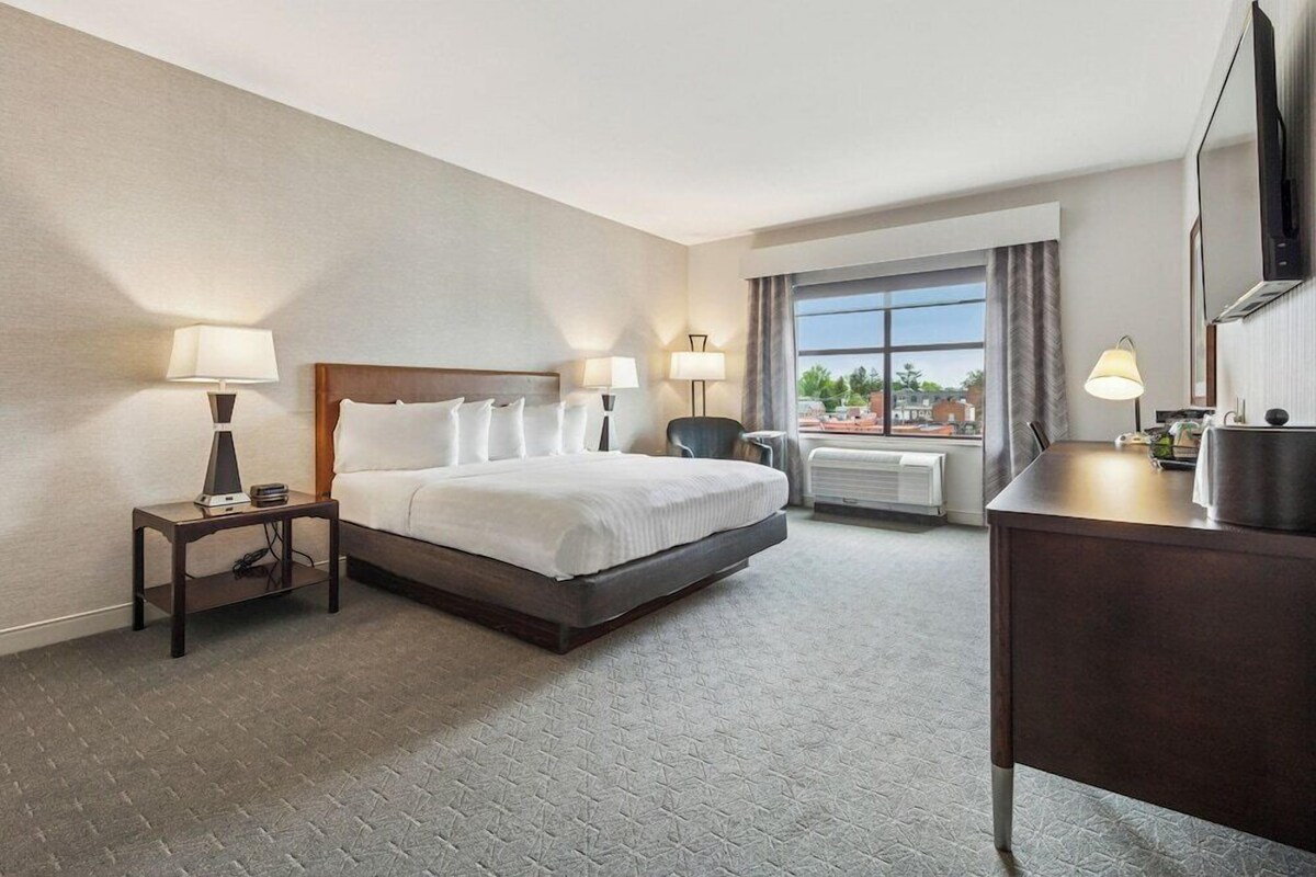 A hotel room with a bed, bedside tables, a desk, a chair, a TV, and a window with a view.