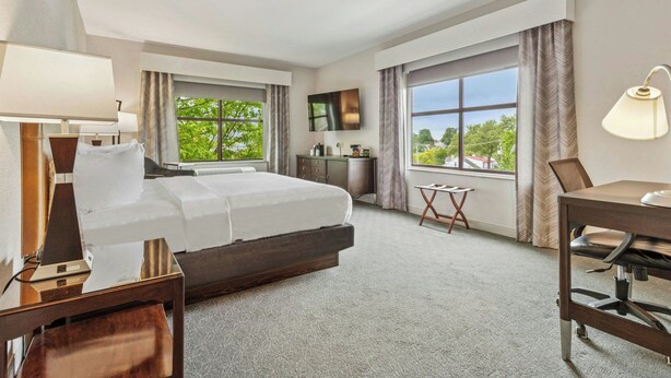 Una habitación de hotel con cama, escritorio, silla, televisor y ventanas amplias.