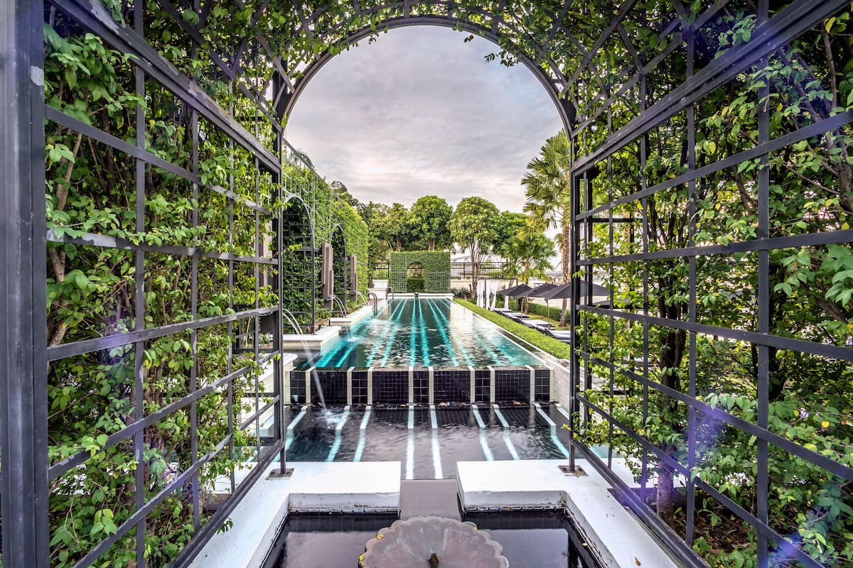 outdoor pool, pool umbrellas, pool loungers