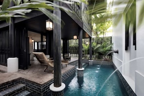 Outdoor pool, pool umbrellas, pool loungers