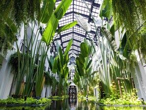 An indoor atrium with a glass ceiling, surrounded by lush tropical plants and a central water feature. - The Siam (Bangkok)