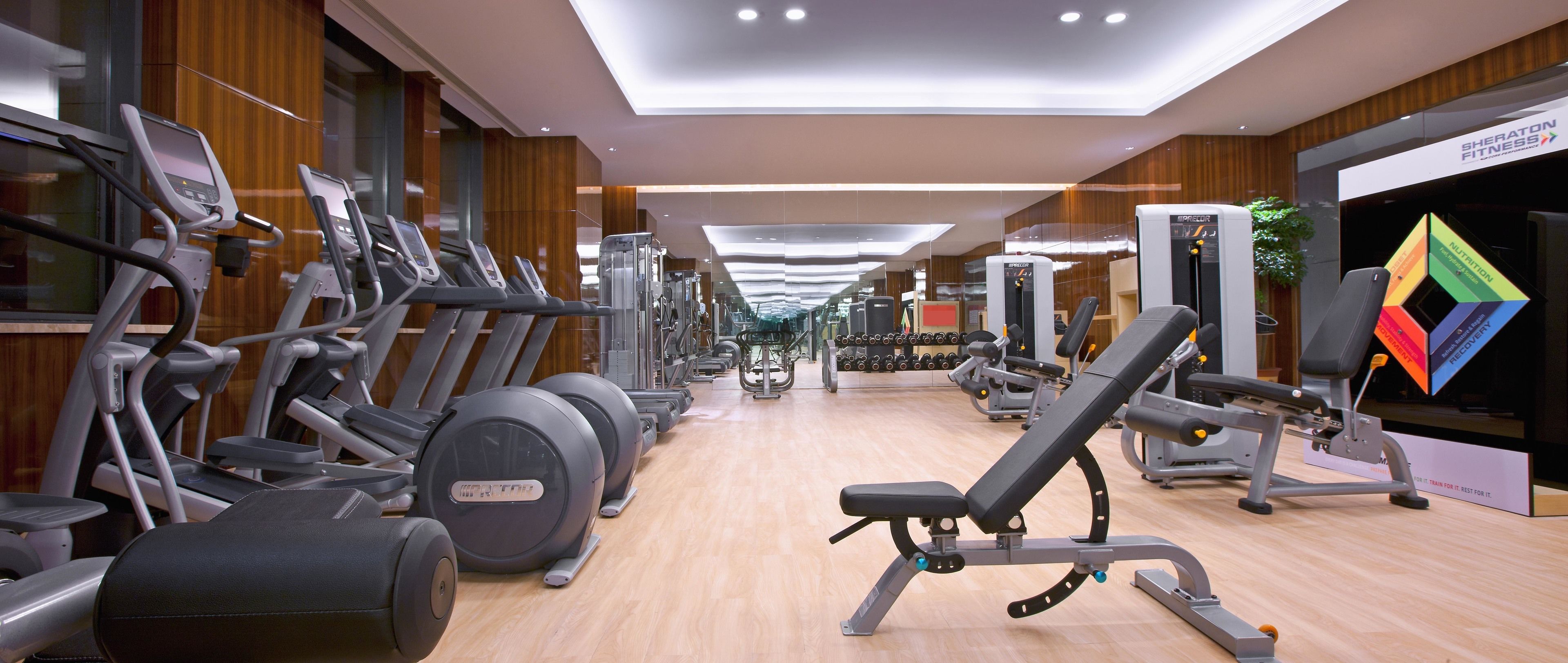 A gym with treadmills, weight machines, and dumbbells.
