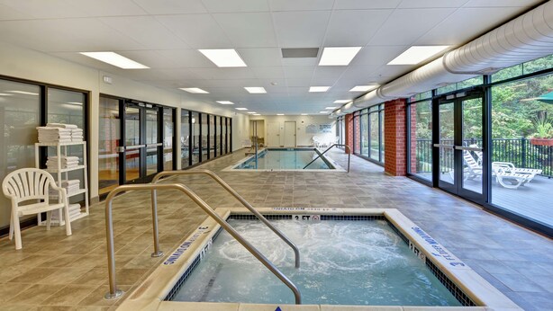 Un espace piscine intérieure doté de murs en verre transparent, une piscine avec un jacuzzi, et une vue sur l’extérieur.