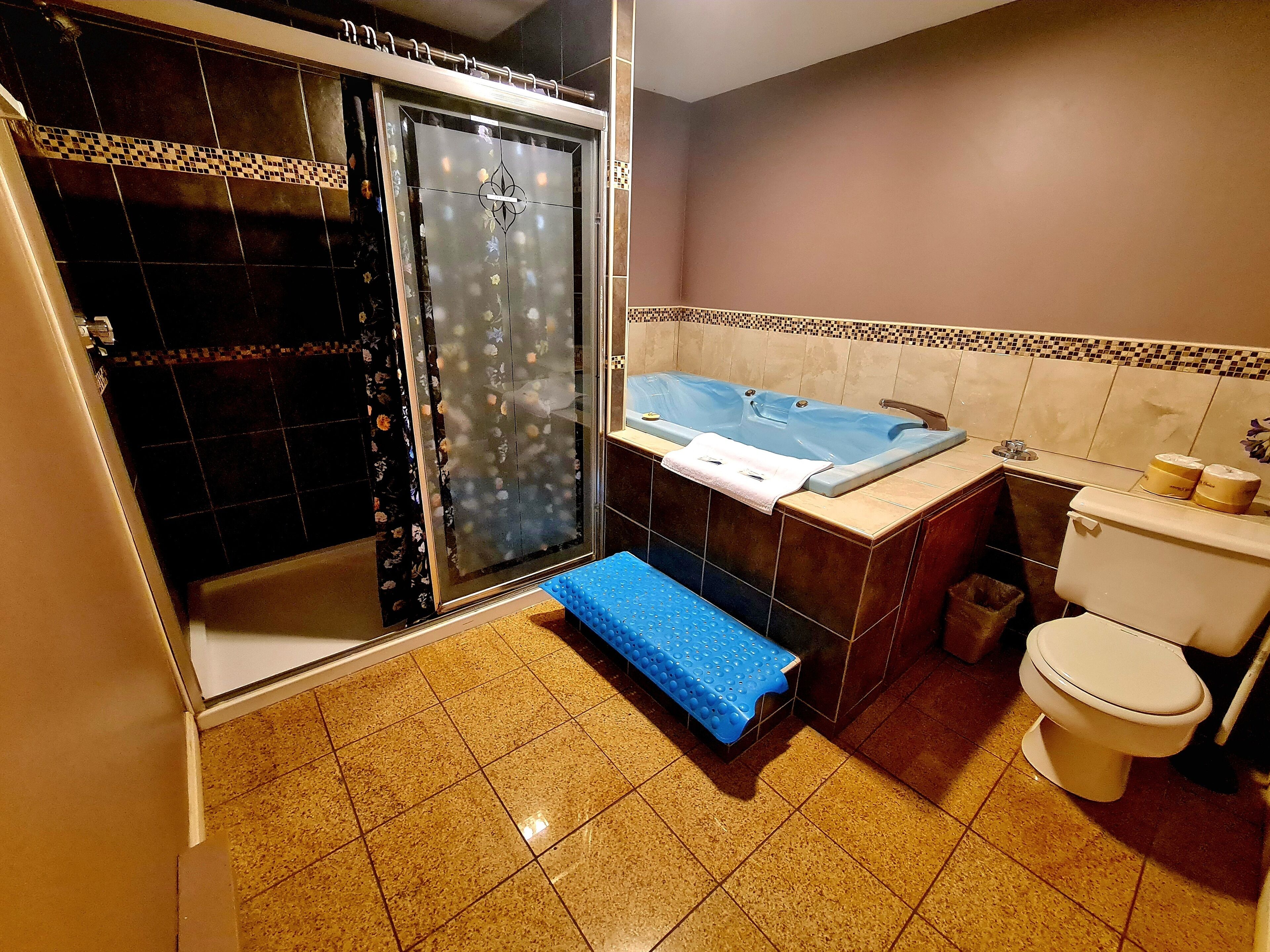 A bathroom with a shower, a bathtub, a toilet, and a sink.