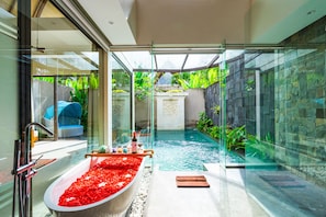 Deluxe Villa, 1 Bedroom, Private Pool | Bathroom | Separate bathtub and shower, designer toiletries, hair dryer, bathrobes