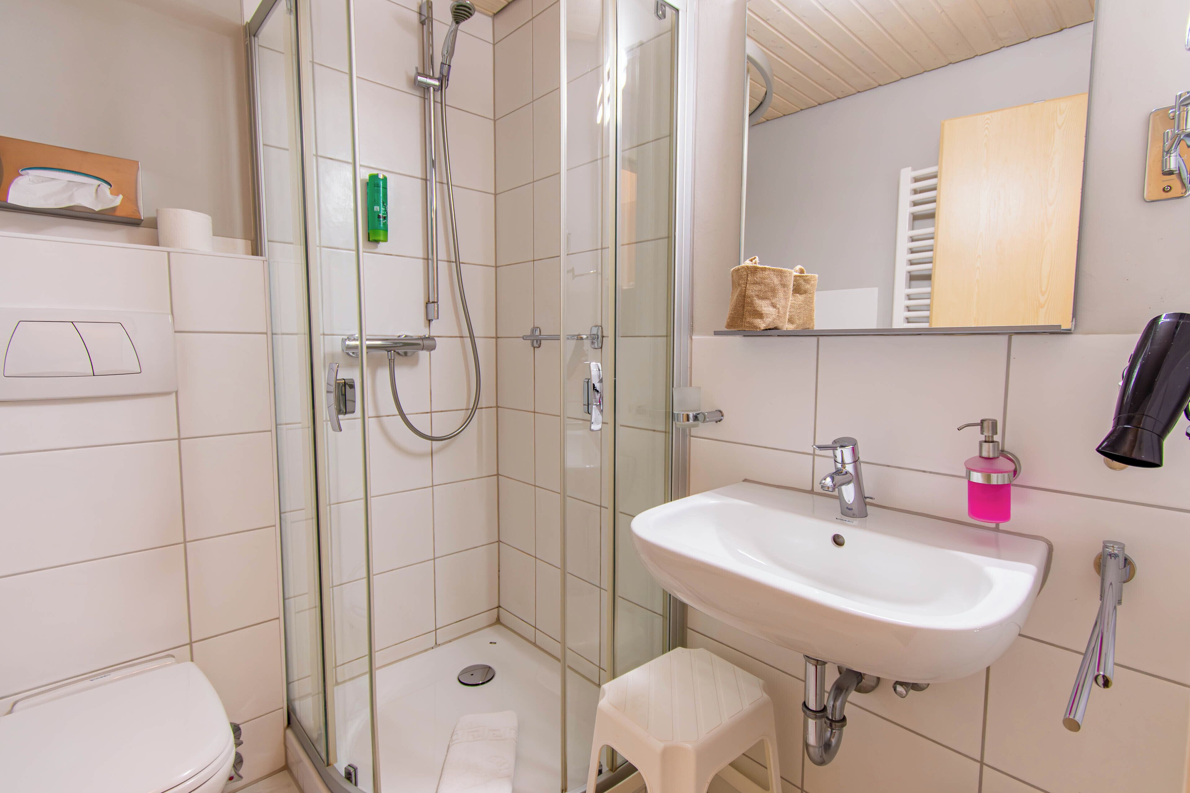 Une salle de bain avec une douche à parois de verre, un lavabo blanc et des toilettes.