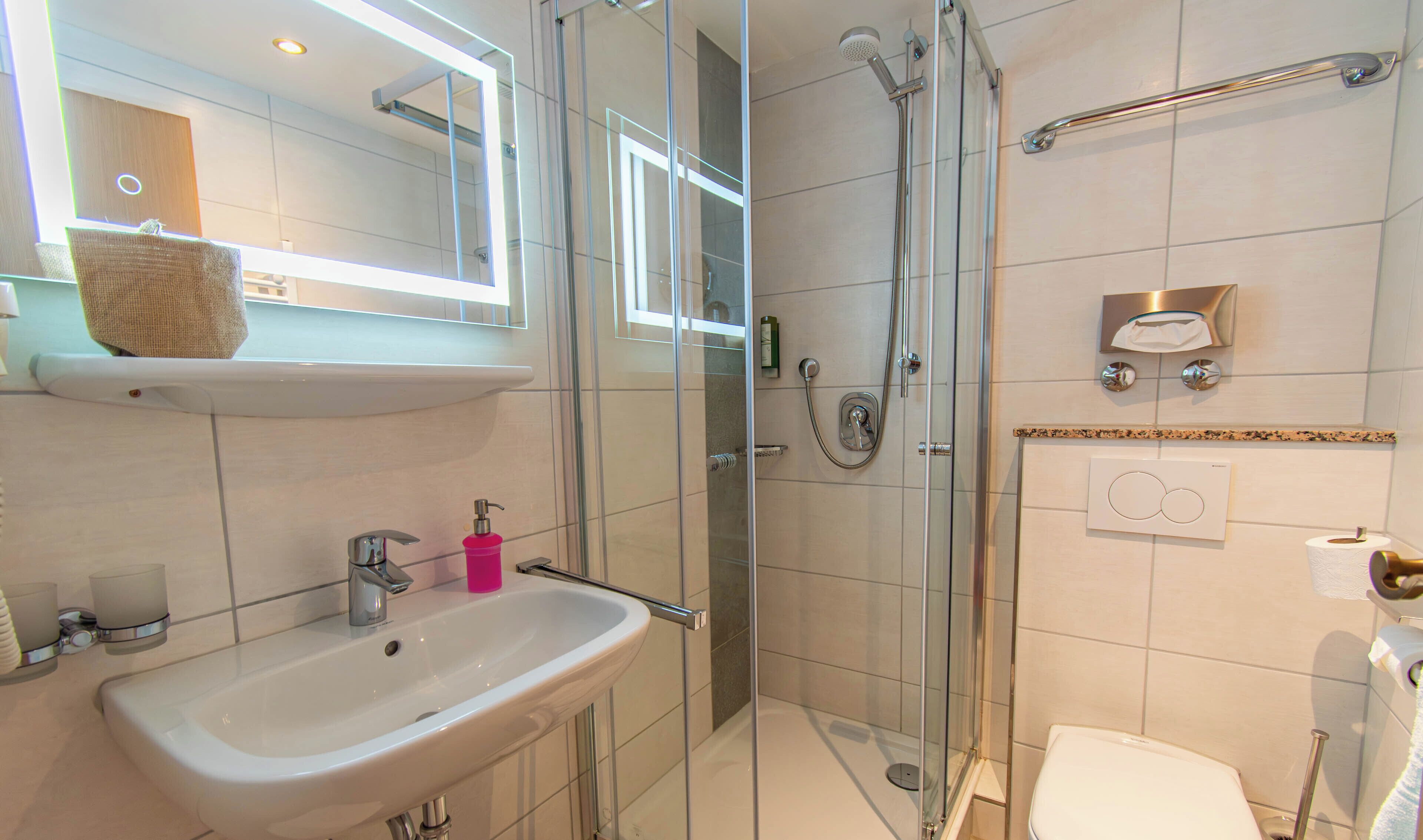 A modern bathroom with a glass-enclosed shower, a sink with a mirror above, and a toilet.