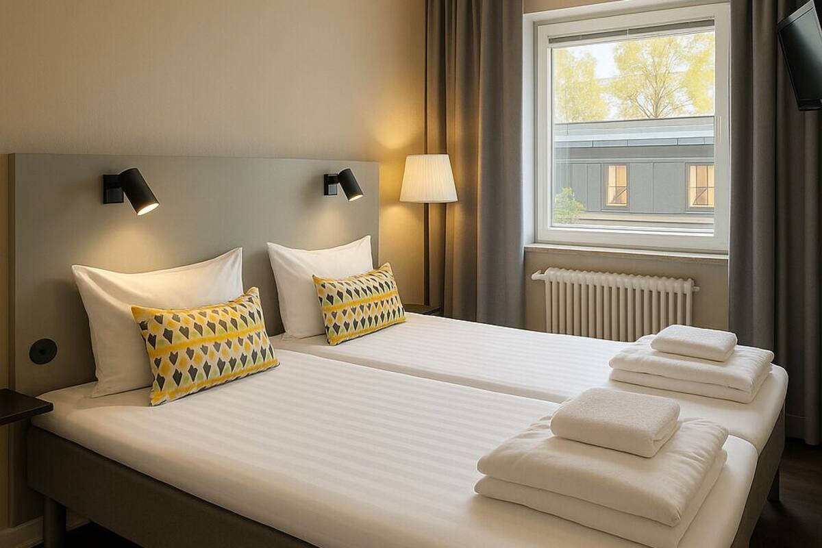 A hotel room with a large bed, two bedside tables, a lamp, a TV, and a window with curtains.