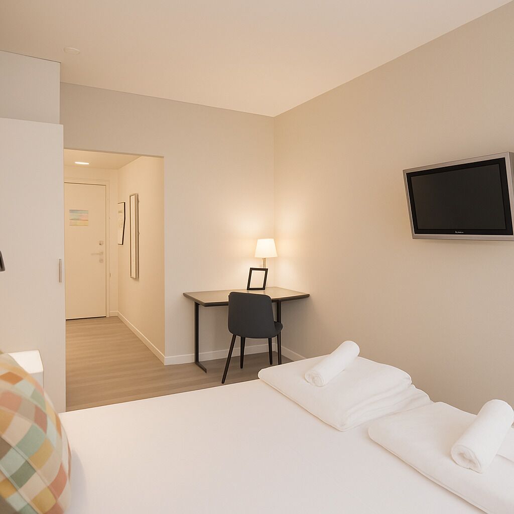 Quarto de hotel com uma cama, escrivaninha, cadeira, televisão e porta que dá para outro quarto.