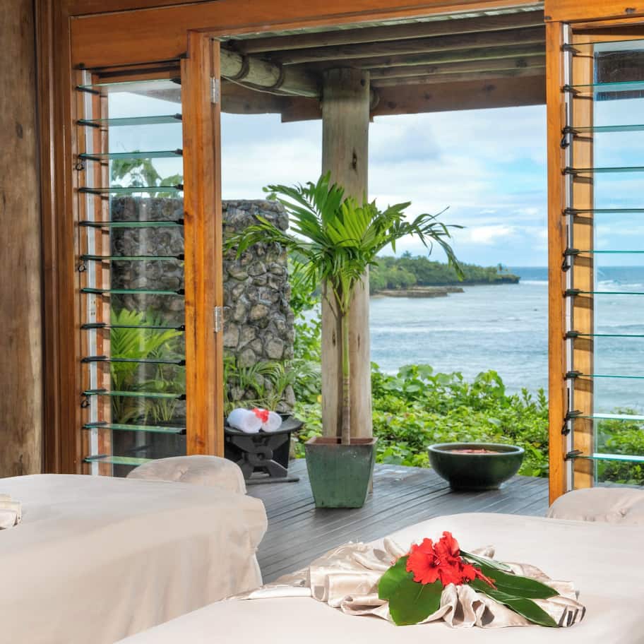 A room with two beds, a stone wall, a potted plant, and a view of the ocean.