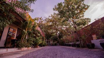 A courtyard with a gravel path, surrounded by buildings with plants and trees.