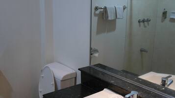 A bathroom with a toilet, sink, and a glass-enclosed shower area.