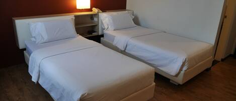 A hotel room with two single beds, a bedside table with a lamp, and a phone.