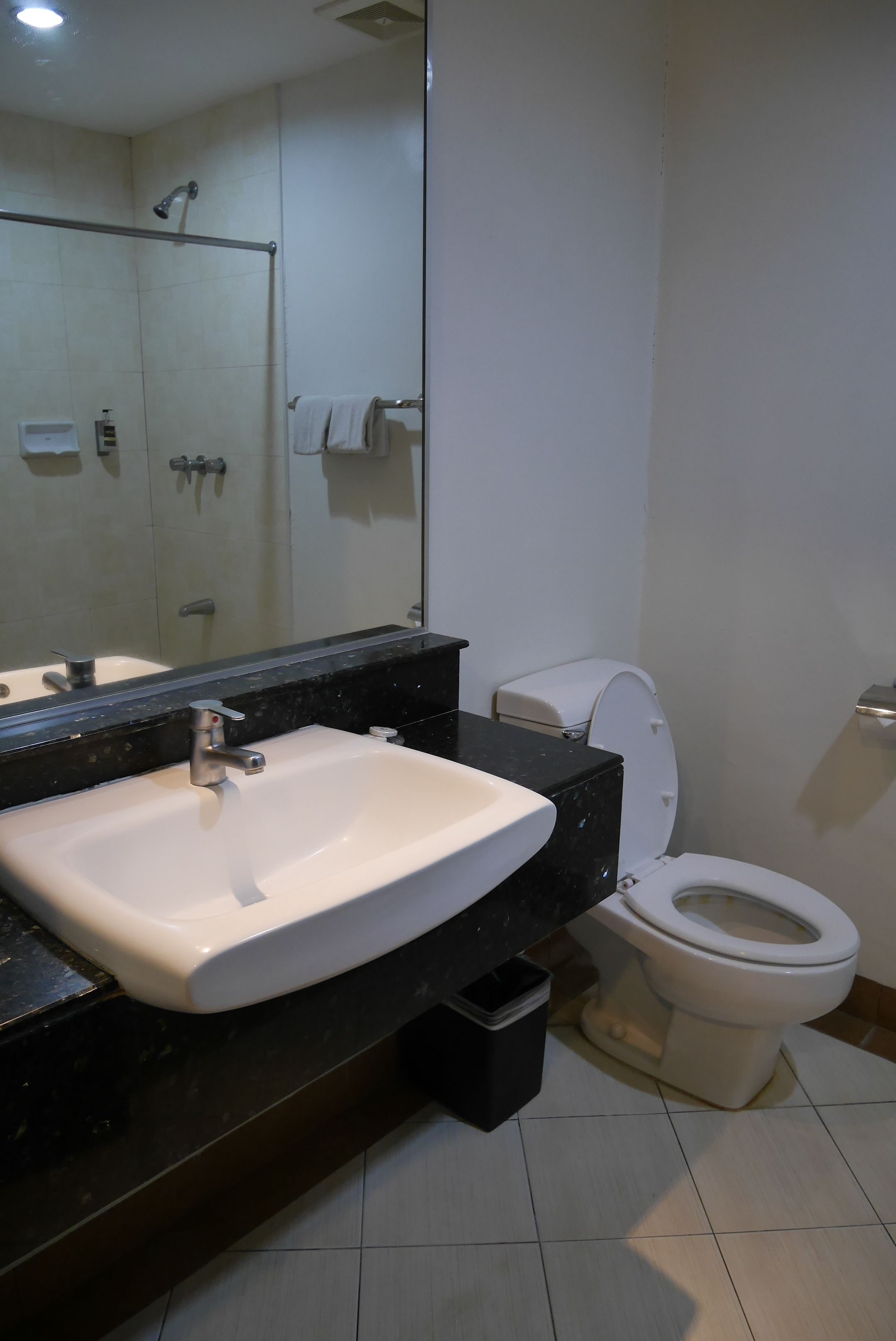 A bathroom with a white sink, black countertop, and a white toilet.